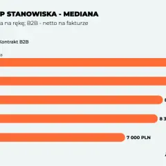 Zarobki analityków: Bezpieczeństwa (10k), Systemowy (9.5k), BI (8.5k), Biznesowy (8.3k), Danych (7k).