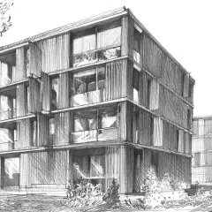 Szkic architektoniczny nowoczesnego budynku mieszkalnego z dużymi oknami i balkonami. To projekt, który mógłby powstać podczas studiów architektura.