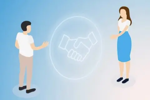 Dwoje ludzi, symbol uścisku dłoni w okręgu. Ilustracja przypomina o zasadach savoir vivre w biznesie.