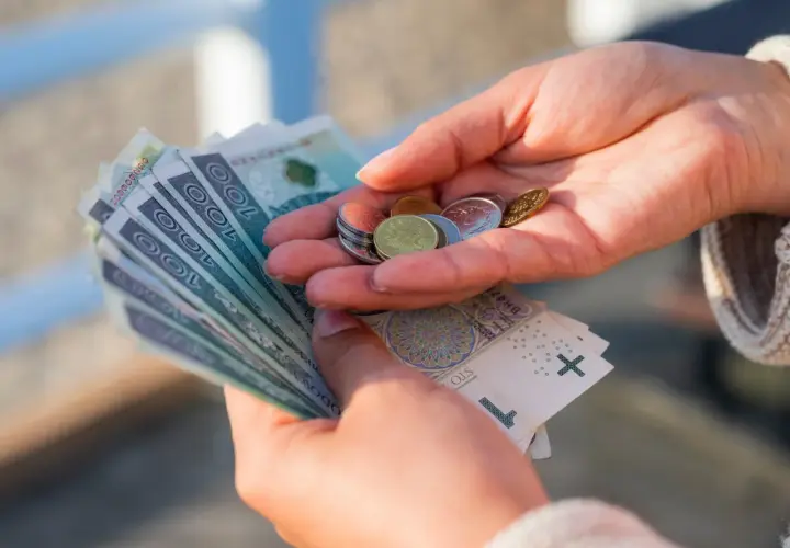 Dłonie liczą banknoty 100 zł i garść monet. Czy to wystarczy na 3600 brutto?