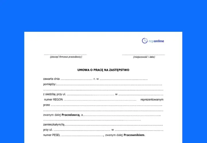 Formularz umowy o pracę na zastępstwo. Dokument zawiera pola do wpisania danych pracodawcy i pracownika, daty zawarcia umowy oraz miejsca na pieczęć firmową.