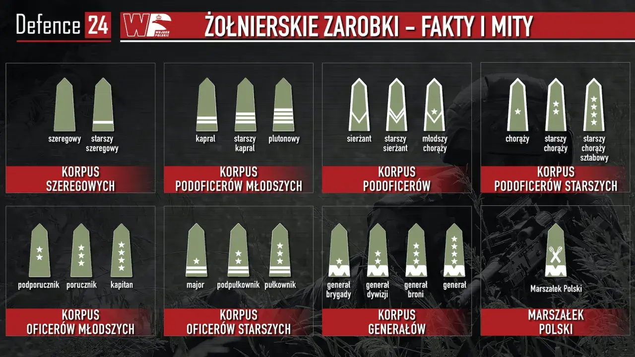 Grafika przedstawia stopnie wojskowe i korpusy, od szeregowego do Marszałka Polski. Pokazuje, ile zarabia żołnierz netto w zależności od stopnia.