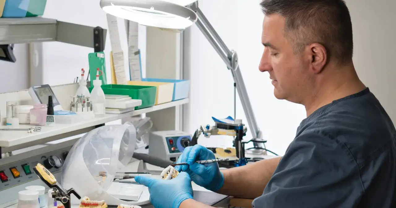 Doświadczony technik dentystyczny w niebieskich rękawiczkach precyzyjnie pracuje nad modelem zębów pod lampą.
