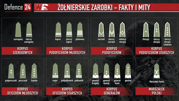 Grafika pokazuje stopnie wojskowe i ich nazwy, od szeregowego do Marszałka Polski. Dowiedz się, ile zarabia szeregowy w wojsku.
