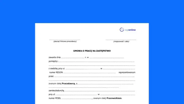 Formularz umowy o pracę na zastępstwo. Dokument zawiera pola do wpisania danych pracodawcy i pracownika, daty zawarcia umowy oraz miejsca na pieczęć firmową.